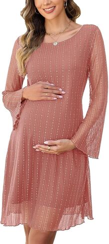 Sparkly Mesh Mini Maternity Dress Sheer Bell Sleeves Tie Back Pregnant Dresses Baby Shower Photoshoot Casual in Saudi Arabia