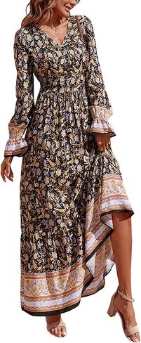 PRETTYGARDEN Long Sleeve Maxi Dress for Women V Neck Casual Button Down Boho Long Floral Dresses in Saudi Arabia
