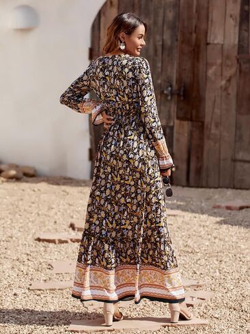 PRETTYGARDEN Long Sleeve Maxi Dress for Women V Neck Casual Button Down Boho Long Floral Dresses in Saudi Arabia