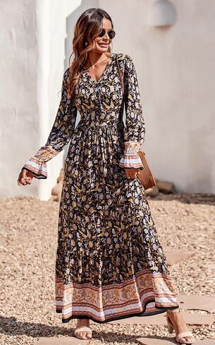 PRETTYGARDEN Long Sleeve Maxi Dress for Women V Neck Casual Button Down Boho Long Floral Dresses in Saudi Arabia