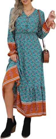 PRETTYGARDEN Long Sleeve Maxi Dress for Women V Neck Casual Button Down Boho Long Floral Dresses in Saudi Arabia