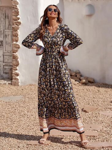PRETTYGARDEN Long Sleeve Maxi Dress for Women V Neck Casual Button Down Boho Long Floral Dresses in Saudi Arabia