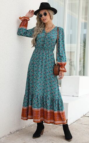 PRETTYGARDEN Long Sleeve Maxi Dress for Women V Neck Casual Button Down Boho Long Floral Dresses in Saudi Arabia