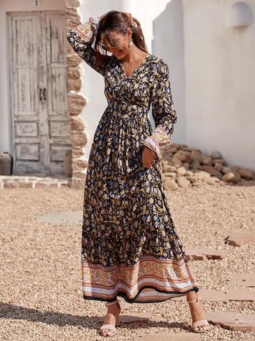 PRETTYGARDEN Long Sleeve Maxi Dress for Women V Neck Casual Button Down Boho Long Floral Dresses in Saudi Arabia
