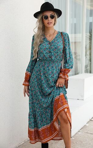 PRETTYGARDEN Long Sleeve Maxi Dress for Women V Neck Casual Button Down Boho Long Floral Dresses in Saudi Arabia