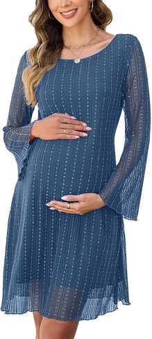 Sparkly Mesh Mini Maternity Dress Sheer Bell Sleeves Tie Back Pregnant Dresses Baby Shower Photoshoot Casual in Saudi Arabia