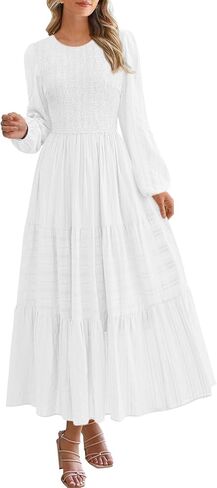 PRETTYGARDEN Womens Long Sleeve Fall Dresses Casual Crew Neck Smocked High Waist Tiered Flowy Maxi Dress with Pockets in Saudi Arabia