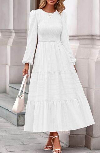 PRETTYGARDEN Womens Long Sleeve Fall Dresses Casual Crew Neck Smocked High Waist Tiered Flowy Maxi Dress with Pockets in Saudi Arabia