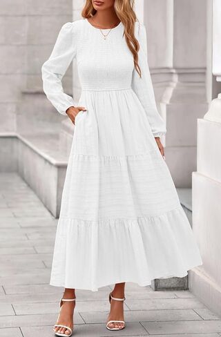 PRETTYGARDEN Womens Long Sleeve Fall Dresses Casual Crew Neck Smocked High Waist Tiered Flowy Maxi Dress with Pockets in Saudi Arabia