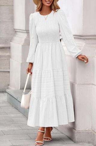 PRETTYGARDEN Womens Long Sleeve Fall Dresses Casual Crew Neck Smocked High Waist Tiered Flowy Maxi Dress with Pockets in Saudi Arabia