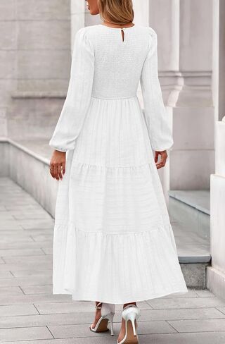 PRETTYGARDEN Womens Long Sleeve Fall Dresses Casual Crew Neck Smocked High Waist Tiered Flowy Maxi Dress with Pockets in Saudi Arabia
