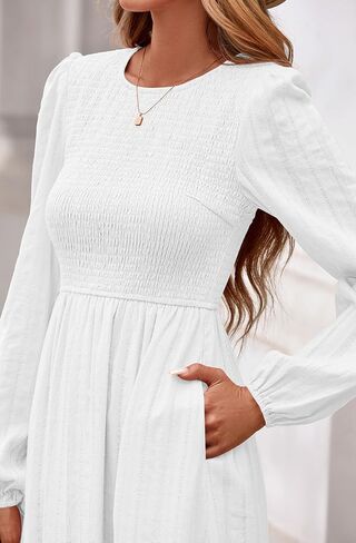 PRETTYGARDEN Womens Long Sleeve Fall Dresses Casual Crew Neck Smocked High Waist Tiered Flowy Maxi Dress with Pockets in Saudi Arabia