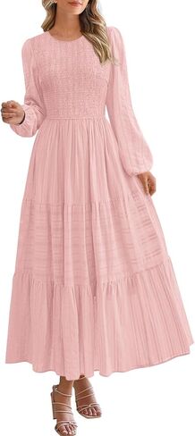 PRETTYGARDEN Womens Long Sleeve Fall Dresses Casual Crew Neck Smocked High Waist Tiered Flowy Maxi Dress with Pockets in Saudi Arabia