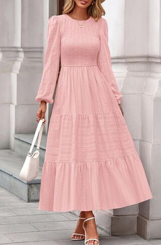 PRETTYGARDEN Womens Long Sleeve Fall Dresses Casual Crew Neck Smocked High Waist Tiered Flowy Maxi Dress with Pockets in Saudi Arabia