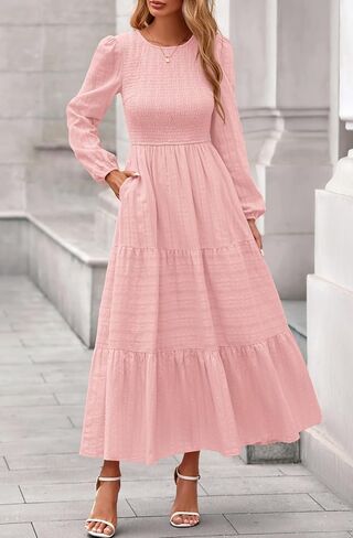 PRETTYGARDEN Womens Long Sleeve Fall Dresses Casual Crew Neck Smocked High Waist Tiered Flowy Maxi Dress with Pockets in Saudi Arabia