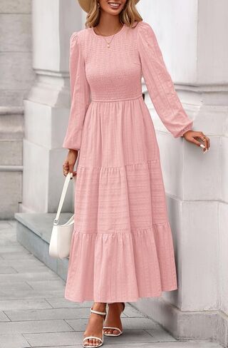PRETTYGARDEN Womens Long Sleeve Fall Dresses Casual Crew Neck Smocked High Waist Tiered Flowy Maxi Dress with Pockets in Saudi Arabia