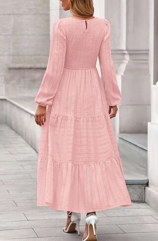 PRETTYGARDEN Womens Long Sleeve Fall Dresses Casual Crew Neck Smocked High Waist Tiered Flowy Maxi Dress with Pockets in Saudi Arabia