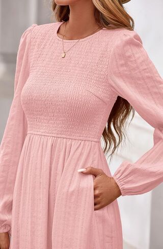 PRETTYGARDEN Womens Long Sleeve Fall Dresses Casual Crew Neck Smocked High Waist Tiered Flowy Maxi Dress with Pockets in Saudi Arabia
