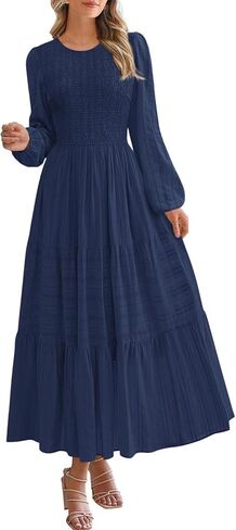 PRETTYGARDEN Womens Long Sleeve Fall Dresses Casual Crew Neck Smocked High Waist Tiered Flowy Maxi Dress with Pockets in Saudi Arabia