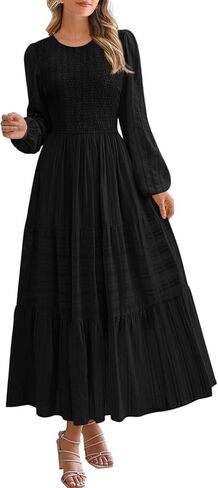 Prettygarden Womens Long Sleeve Dresses Dresses عارضة طاقم رقبة صاخبة عالية الخصر فستان ماكسي متدفق مع جيوب in Kuwait