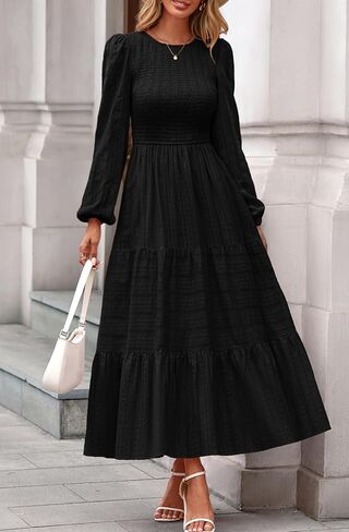 Prettygarden Womens Long Sleeve Dresses Dresses عارضة طاقم رقبة صاخبة عالية الخصر فستان ماكسي متدفق مع جيوب in Kuwait