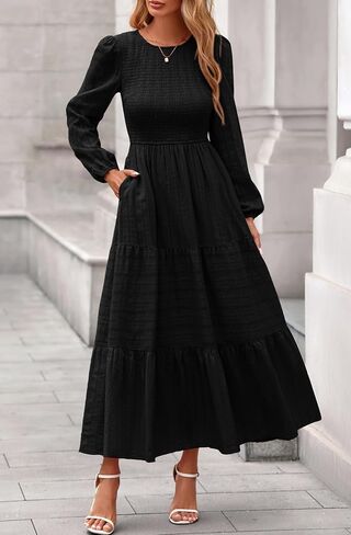 Prettygarden Womens Long Sleeve Dresses Dresses عارضة طاقم رقبة صاخبة عالية الخصر فستان ماكسي متدفق مع جيوب in Kuwait