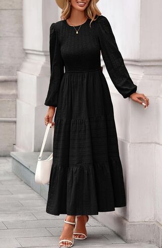 Prettygarden Womens Long Sleeve Dresses Dresses عارضة طاقم رقبة صاخبة عالية الخصر فستان ماكسي متدفق مع جيوب in Kuwait