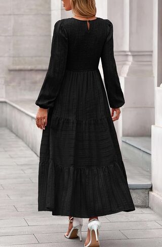 Prettygarden Womens Long Sleeve Dresses Dresses عارضة طاقم رقبة صاخبة عالية الخصر فستان ماكسي متدفق مع جيوب in Kuwait