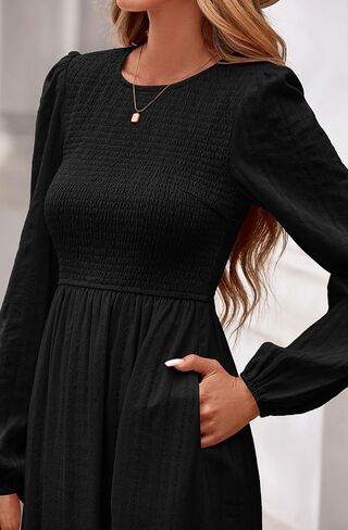 Prettygarden Womens Long Sleeve Dresses Dresses عارضة طاقم رقبة صاخبة عالية الخصر فستان ماكسي متدفق مع جيوب in Kuwait