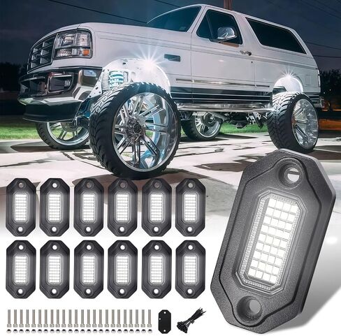 12Pods Metal Bright Pure White LED Rock Lights Kit,Per pod provided 15FT Power Cord,6500K 36LEDs Neon Underglow Light Aluminum Waterproof Fender Lights for Trucks Trailer Jeep Off Road ATV UTV in Kuwait