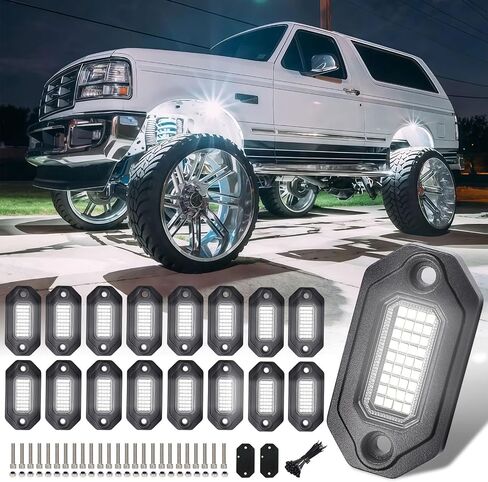 12Pods Metal Bright Pure White LED Rock Lights Kit,Per pod provided 15FT Power Cord,6500K 36LEDs Neon Underglow Light Aluminum Waterproof Fender Lights for Trucks Trailer Jeep Off Road ATV UTV in Kuwait