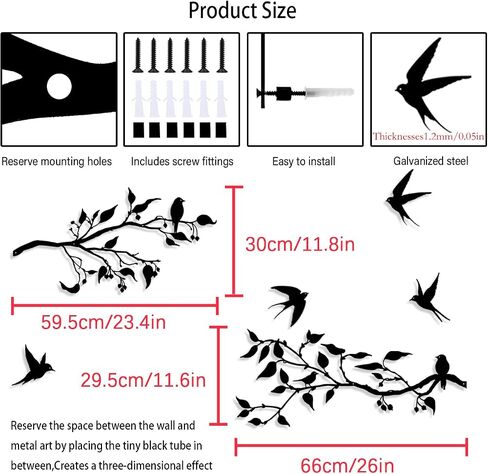 Harikikochuu 4PCS Metal Birds Wall Art Decor, Birds on the Branch Metal Silhouette Art, Black Leaves with Bird Outdoor Hanging Wall Sculpture for Home Office Balcony Garden Decor.（Swallow） in Saudi Arabia