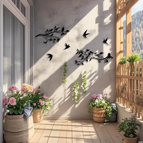 Harikikochuu 4PCS Metal Birds Wall Art Decor, Birds on the Branch Metal Silhouette Art, Black Leaves with Bird Outdoor Hanging Wall Sculpture for Home Office Balcony Garden Decor.（Swallow） in Saudi Arabia