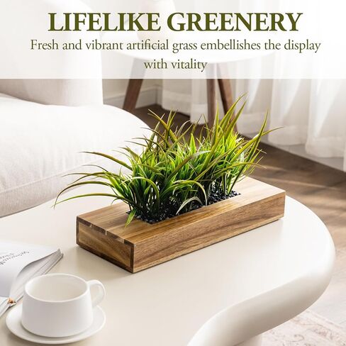 MyGift 10 Inch Artificial Green Grass Plants Potted in Gray Concrete Decorative Planter, Tabletop Faux Greenery in Modern Cement Rectangular Pot Centerpiece Décor in Kuwait