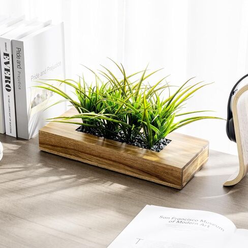 MyGift 10 Inch Artificial Green Grass Plants Potted in Gray Concrete Decorative Planter, Tabletop Faux Greenery in Modern Cement Rectangular Pot Centerpiece Décor in Kuwait