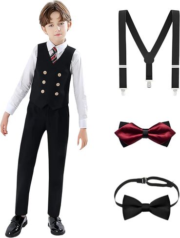 Boys’ 7-Piece Formal Vest Suit Set Dress Shirt, Pants, 2 Bow Ties & Necktie Suspenders for Special Occasions in Saudi Arabia