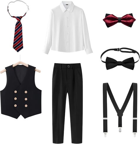 Boys’ 7-Piece Formal Vest Suit Set Dress Shirt, Pants, 2 Bow Ties & Necktie Suspenders for Special Occasions in Saudi Arabia