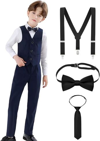 Boys’ 7-Piece Formal Vest Suit Set Dress Shirt, Pants, 2 Bow Ties & Necktie Suspenders for Special Occasions in Saudi Arabia