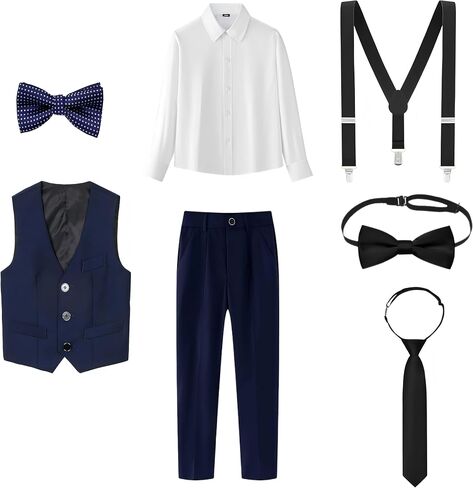 Boys’ 7-Piece Formal Vest Suit Set Dress Shirt, Pants, 2 Bow Ties & Necktie Suspenders for Special Occasions in Saudi Arabia