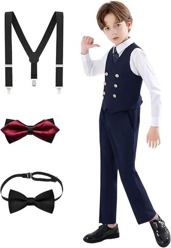 Boys’ 7-Piece Formal Vest Suit Set Dress Shirt, Pants, 2 Bow Ties & Necktie Suspenders for Special Occasions in Saudi Arabia
