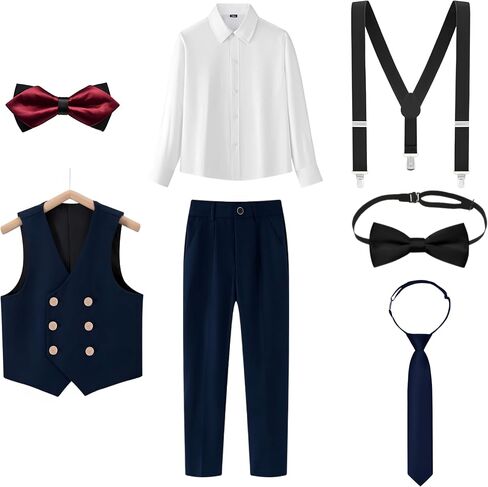 Boys’ 7-Piece Formal Vest Suit Set Dress Shirt, Pants, 2 Bow Ties & Necktie Suspenders for Special Occasions in Saudi Arabia