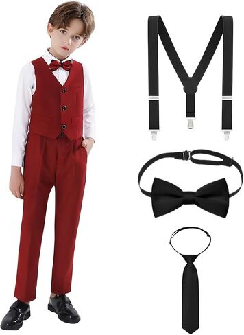 Boys’ 7-Piece Formal Vest Suit Set Dress Shirt, Pants, 2 Bow Ties & Necktie Suspenders for Special Occasions in Saudi Arabia