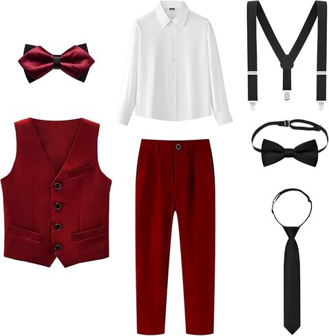 Boys’ 7-Piece Formal Vest Suit Set Dress Shirt, Pants, 2 Bow Ties & Necktie Suspenders for Special Occasions in Saudi Arabia