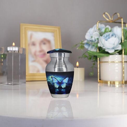 Urn for Ashes Adult Male & Female, Cremation Urns for Human Ashes Adult Man & Women, Funeral Urns for Men, Burial Urns, Decorative Urns with Butterflies, Black and Blue Butterfly - Large in Kuwait