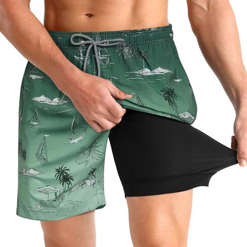 iCKER Mens Swim Trunks with Compression Liner 5.5" Inseam Quick Dry Swim Shorts Bathing Suit Beach Shorts in Kuwait