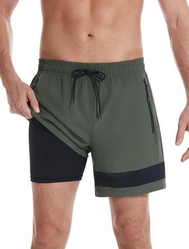 SILKWORLD Mens Swim Trunks with Compression Liner Quick Dry 6 in Bathing Suit Summer Swim Shorts with Zipper Pockets in Kuwait