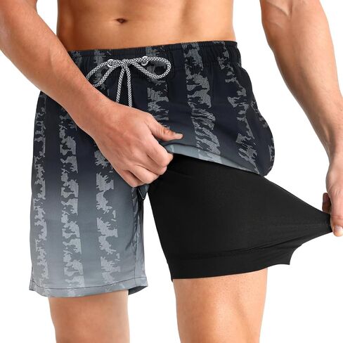 iCKER Mens Swim Trunks with Compression Liner 5.5" Inseam Quick Dry Swim Shorts Bathing Suit Beach Shorts in Kuwait