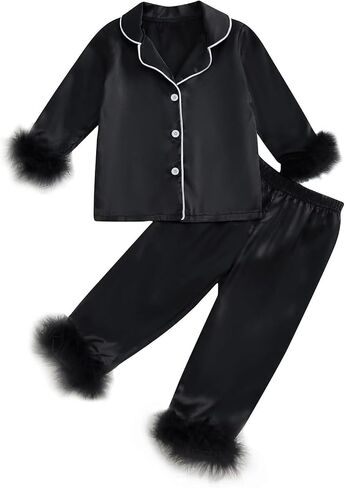 الفتيات ساتين 𝗣ajamas طفل صغير 2 قطعة زر أسفل 𝐍ightwear ريش in Kuwait