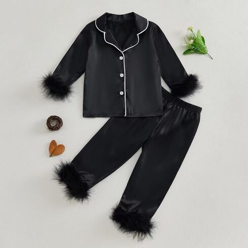 الفتيات ساتين 𝗣ajamas طفل صغير 2 قطعة زر أسفل 𝐍ightwear ريش in Kuwait