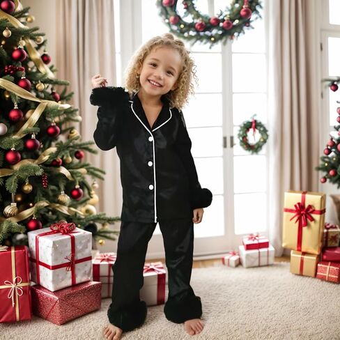 الفتيات ساتين 𝗣ajamas طفل صغير 2 قطعة زر أسفل 𝐍ightwear ريش in Kuwait